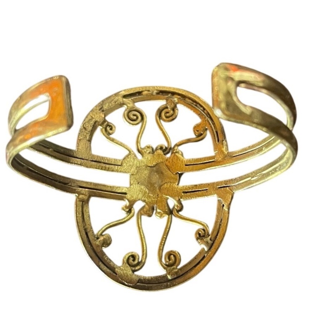 Artisan Gold Tone Filigree Scroll Cuff Bracelet Red Faceted Gemstone Statement - Picture 5 of 6